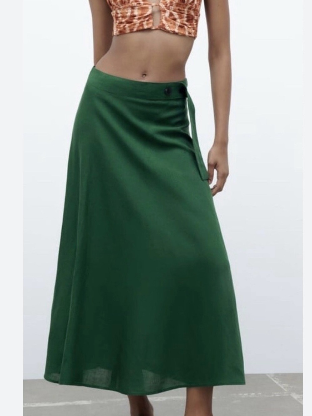 Zara Green Linen Blend Midi Skirt